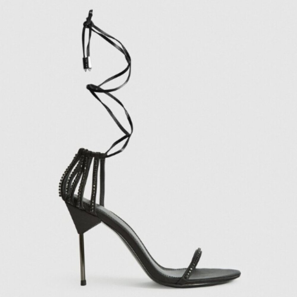 Reiss Zhane Crystal Leather Sandal Black Size 8.5 Nwt